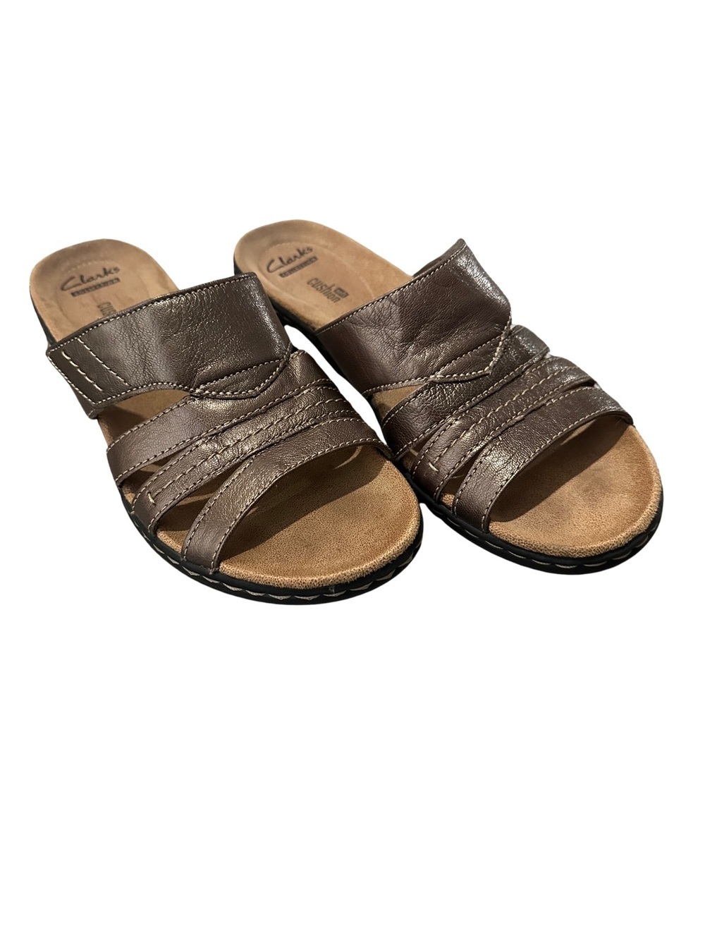 Clarks Soft Cushion Bronze Metallic Strappy Slide Sandals Size 8